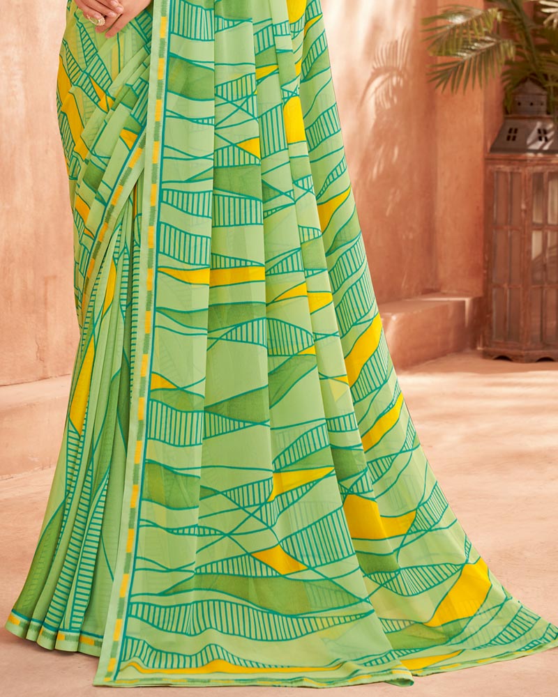 Vishal Prints Pastel Lime Green Printed Georgette Saree With Fancy Border