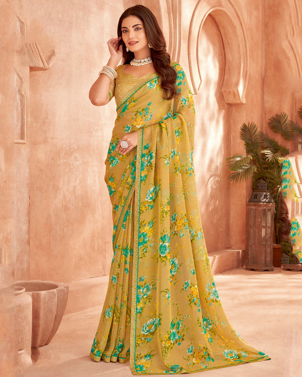 Vishal Prints Dark Beige Printed Georgette Saree With Fancy Border