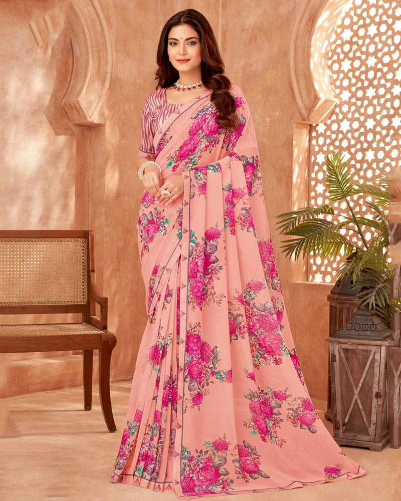 Vishal Prints Peach Printed Georgette Saree With Fancy Border