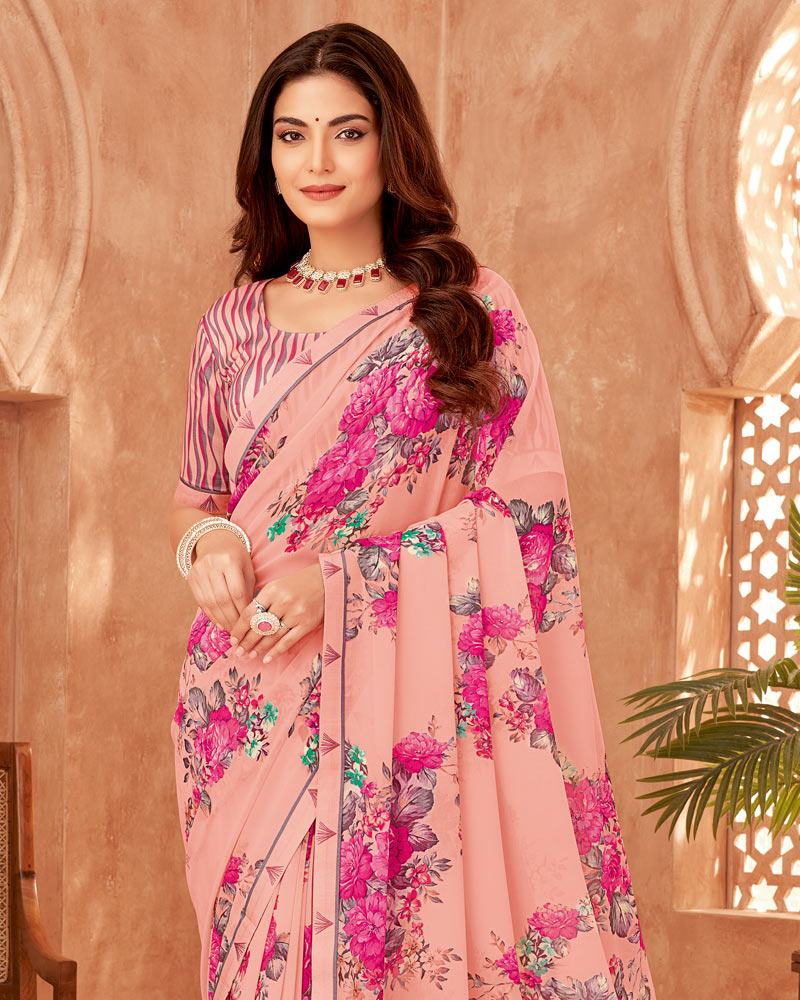 Vishal Prints Peach Printed Georgette Saree With Fancy Border