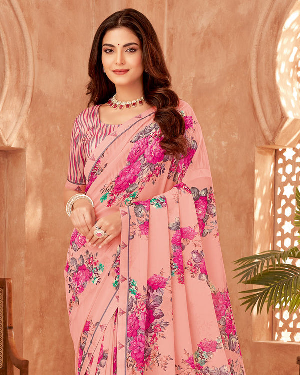 Vishal Prints Peach Printed Georgette Saree With Fancy Border