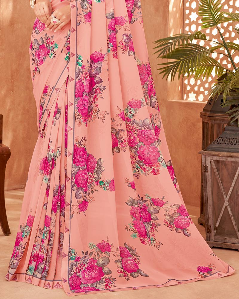 Vishal Prints Peach Printed Georgette Saree With Fancy Border