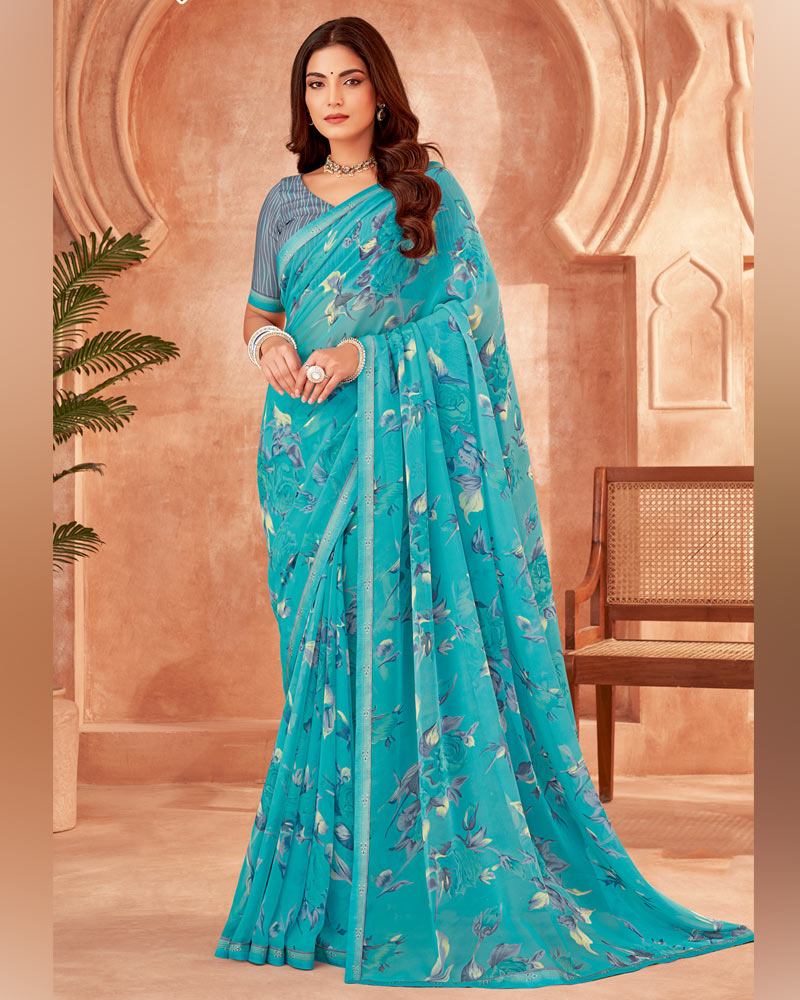 Vishal Prints Dark Turquoise Blue Printed Georgette Saree With Fancy Border