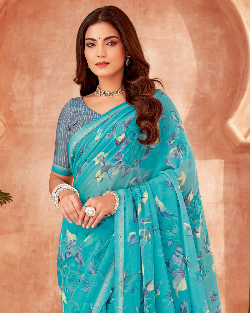 Vishal Prints Dark Turquoise Blue Printed Georgette Saree With Fancy Border