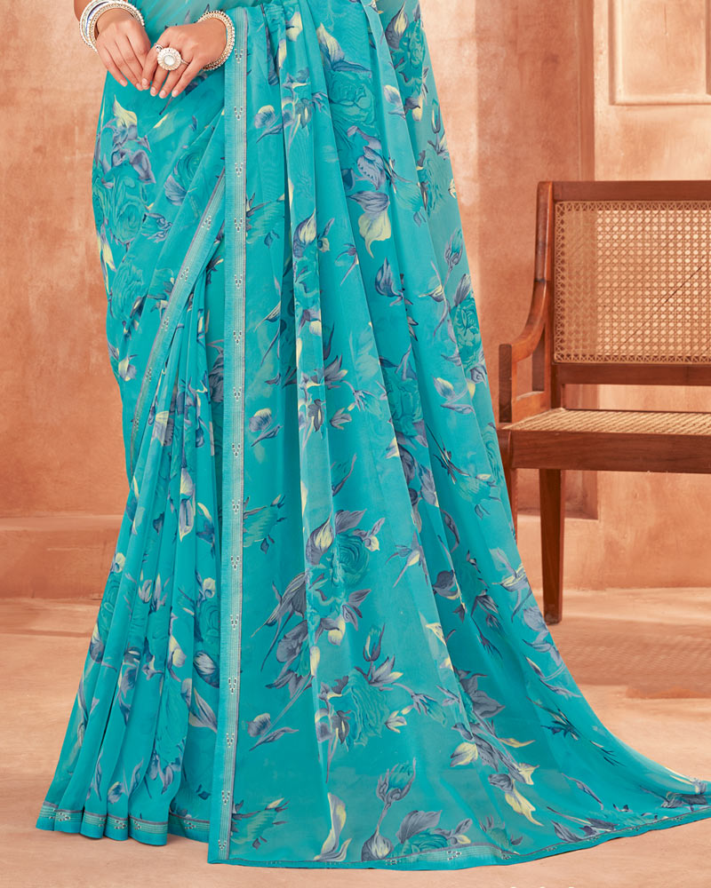 Vishal Prints Dark Turquoise Blue Printed Georgette Saree With Fancy Border