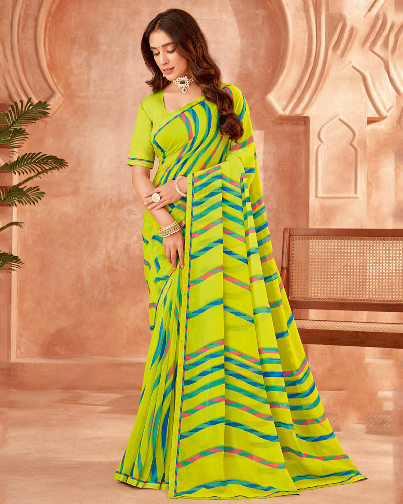 Vishal Prints Lime Green Printed Georgette Saree With Fancy Border