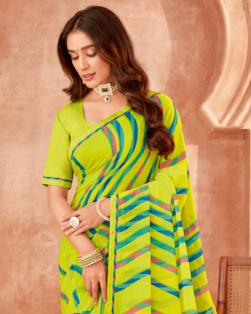 Vishal Prints Lime Green Printed Georgette Saree With Fancy Border