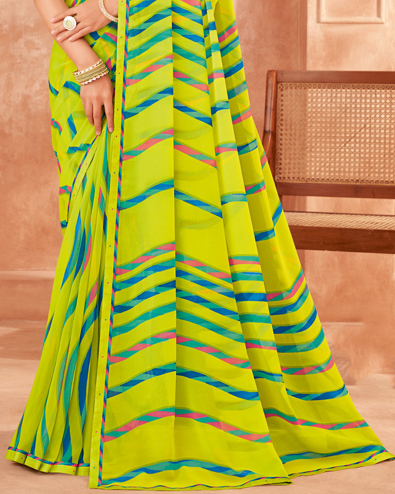 Vishal Prints Lime Green Printed Georgette Saree With Fancy Border