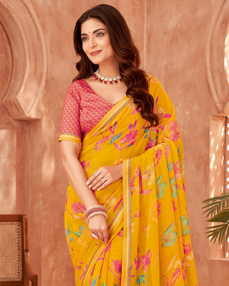 Vishal Prints Mustard Printed Georgette Saree With Fancy Border