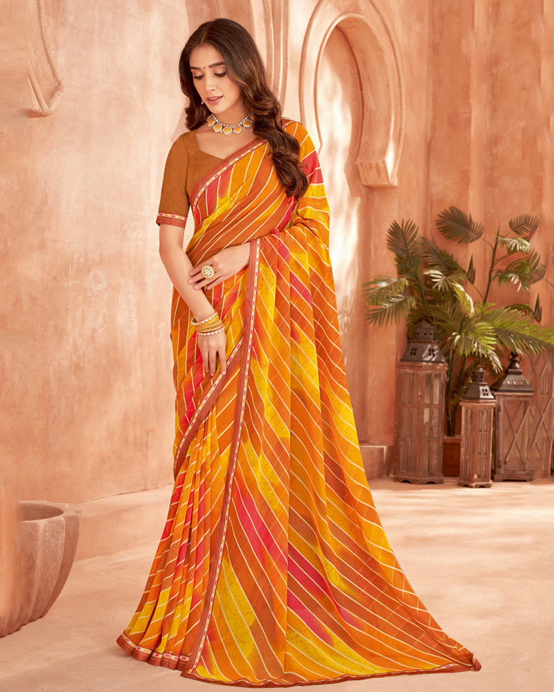 Vishal Prints Ochre Printed Georgette Saree With Fancy Border