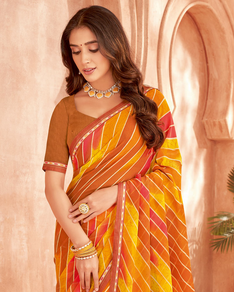 Vishal Prints Ochre Printed Georgette Saree With Fancy Border