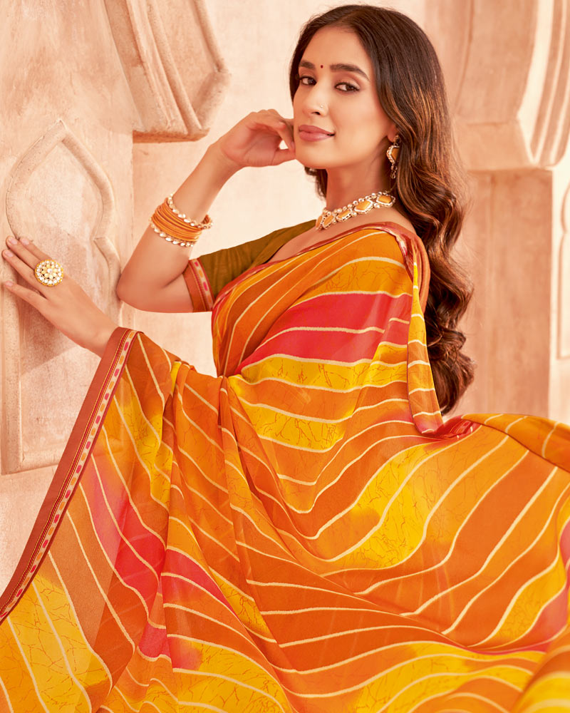 Vishal Prints Ochre Printed Georgette Saree With Fancy Border