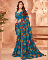Vishal Prints Peacock Blue Printed Georgette Saree With Fancy Border