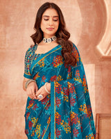 Vishal Prints Peacock Blue Printed Georgette Saree With Fancy Border