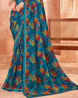 Vishal Prints Peacock Blue Printed Georgette Saree With Fancy Border
