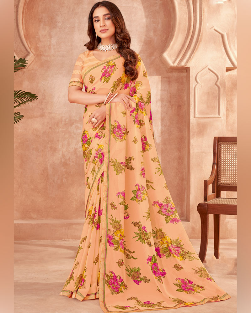 Vishal Prints Pastel Orange Printed Georgette Saree With Fancy Border