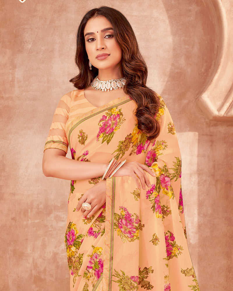 Vishal Prints Pastel Orange Printed Georgette Saree With Fancy Border