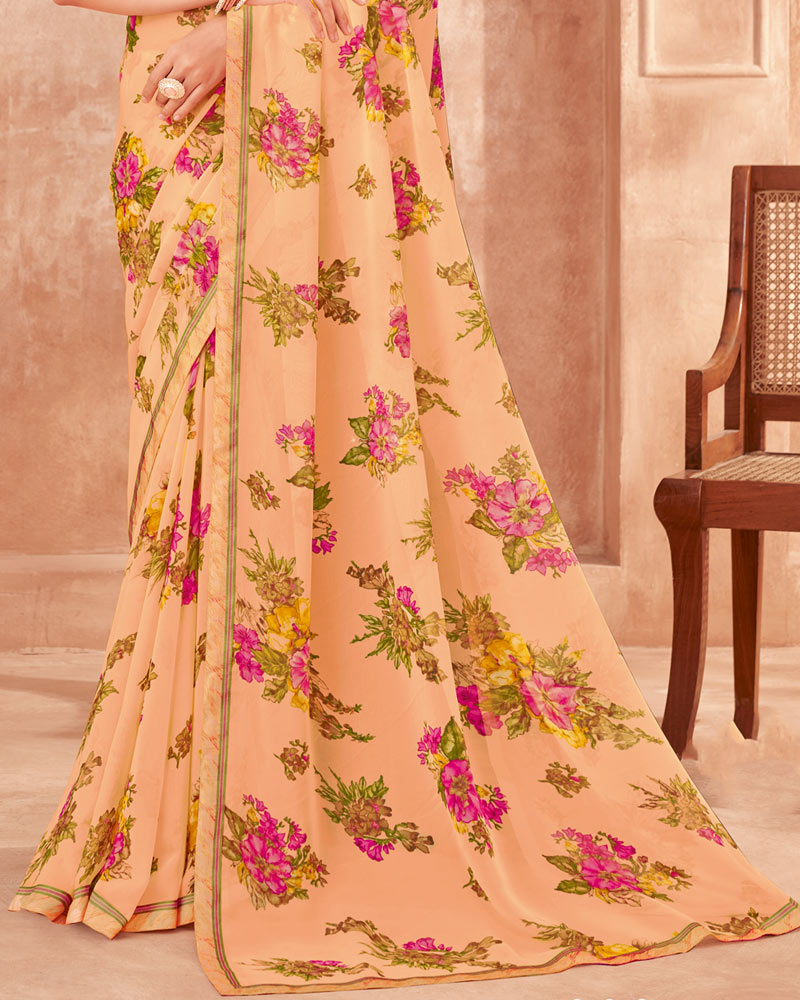 Vishal Prints Pastel Orange Printed Georgette Saree With Fancy Border