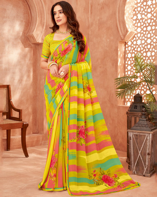 Vishal Prints Lime Yellow Printed Georgette Saree With Fancy Border