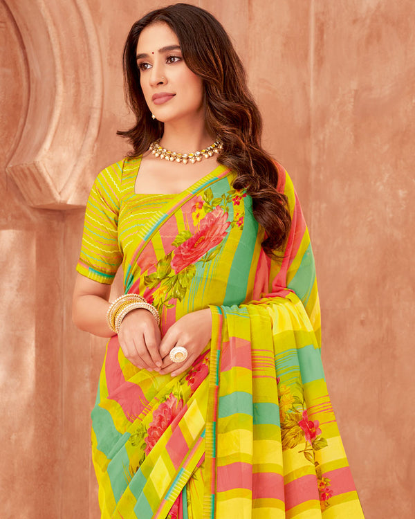 Vishal Prints Lime Yellow Printed Georgette Saree With Fancy Border