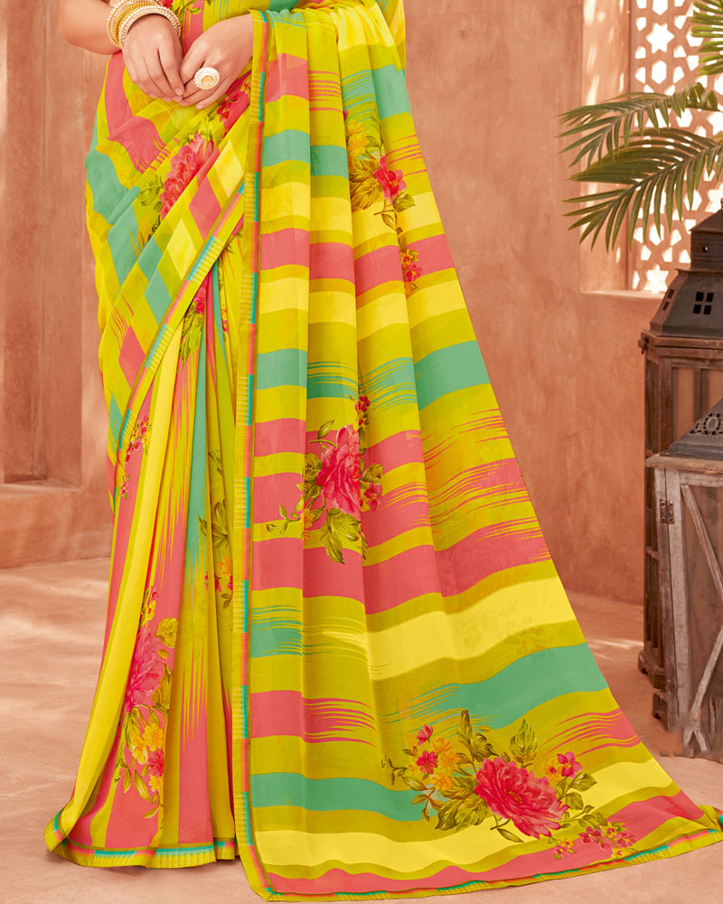 Vishal Prints Lime Yellow Printed Georgette Saree With Fancy Border
