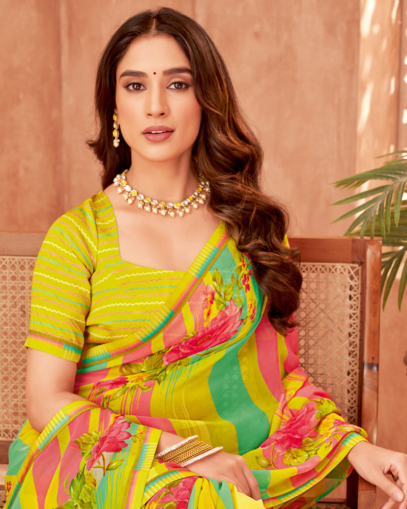 Vishal Prints Lime Yellow Printed Georgette Saree With Fancy Border