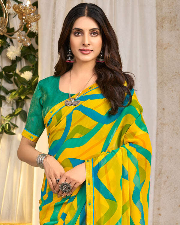 Vishal Prints Golden Yellow Printed Georgette Saree With Fancy Border