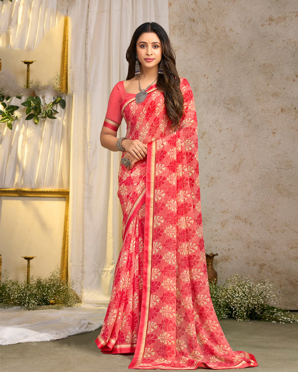Vishal Prints Salmon Pink Printed Georgette Saree With Fancy Border