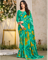 Vishal Prints Turquoise Green Printed Georgette Saree With Fancy Border
