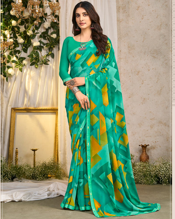 Vishal Prints Turquoise Green Printed Georgette Saree With Fancy Border