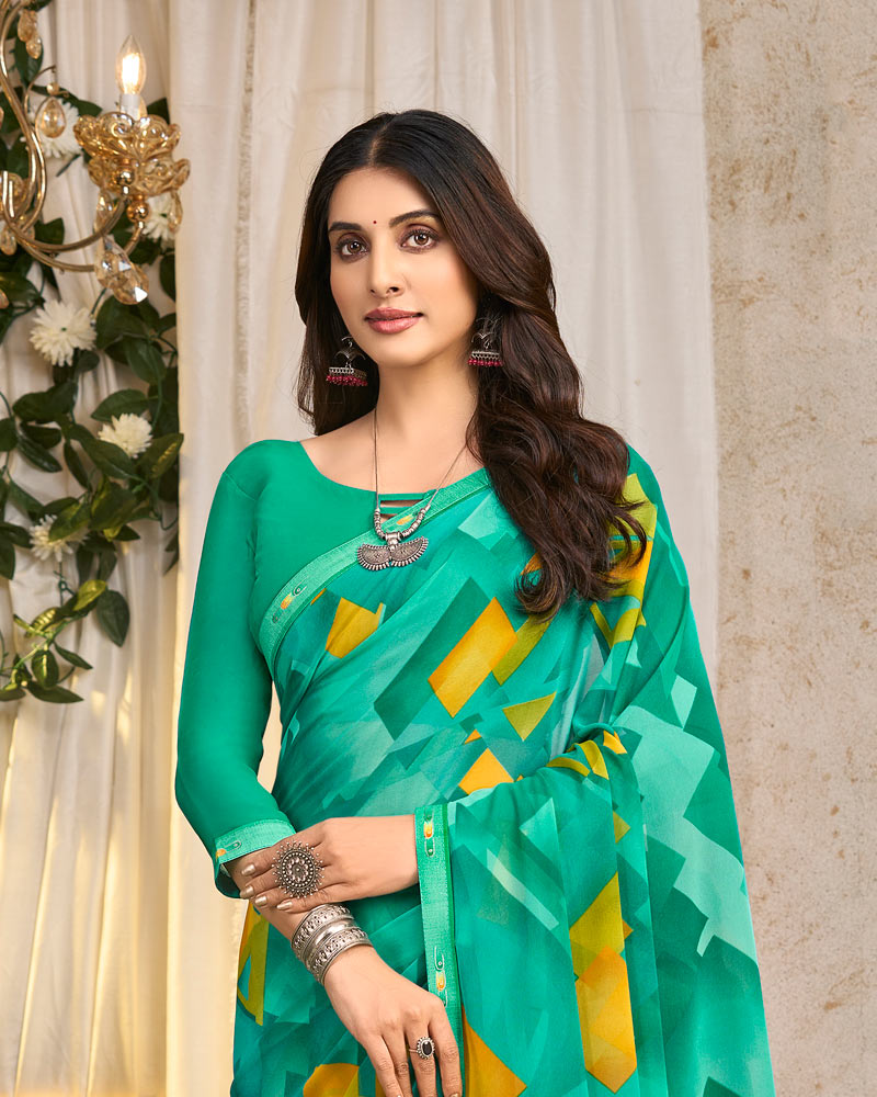 Vishal Prints Turquoise Green Printed Georgette Saree With Fancy Border