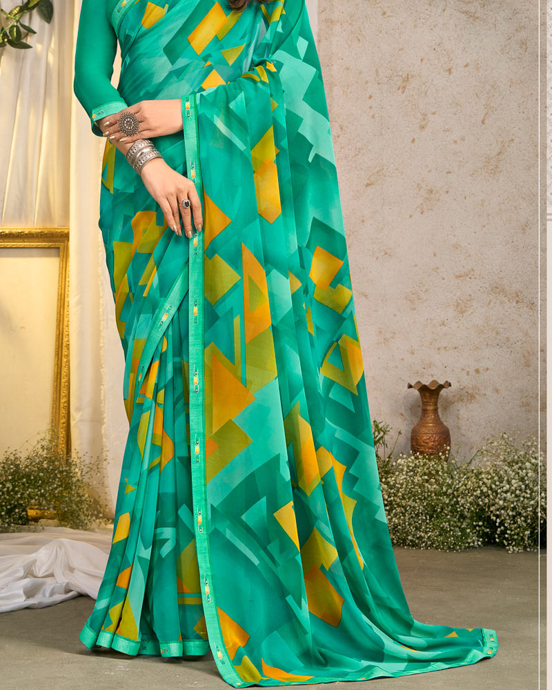 Vishal Prints Turquoise Green Printed Georgette Saree With Fancy Border