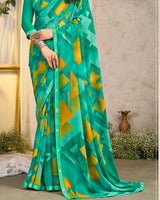 Vishal Prints Turquoise Green Printed Georgette Saree With Fancy Border