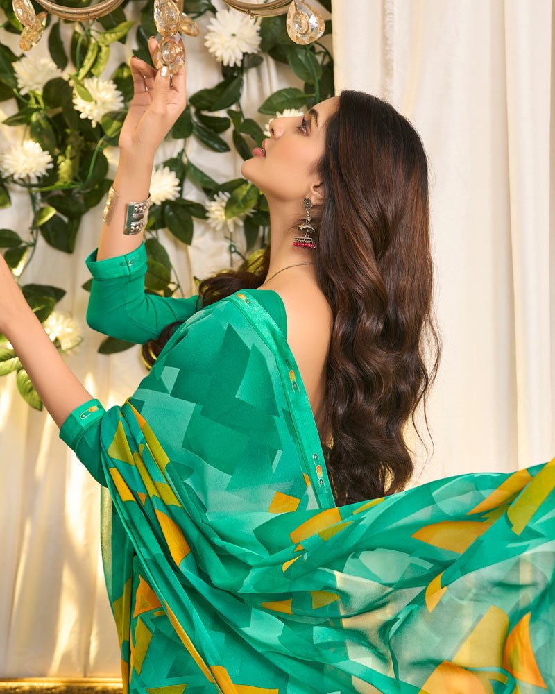 Vishal Prints Turquoise Green Printed Georgette Saree With Fancy Border