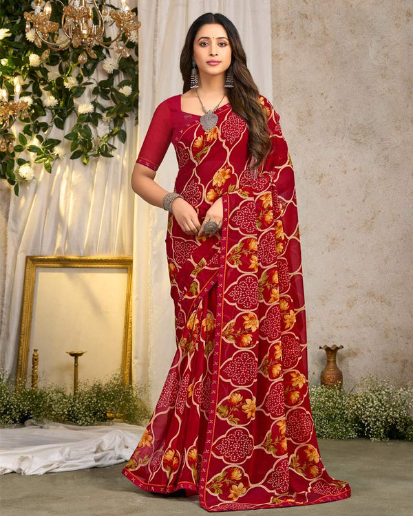 Vishal Prints Paprika Red Printed Georgette Saree With Fancy Border