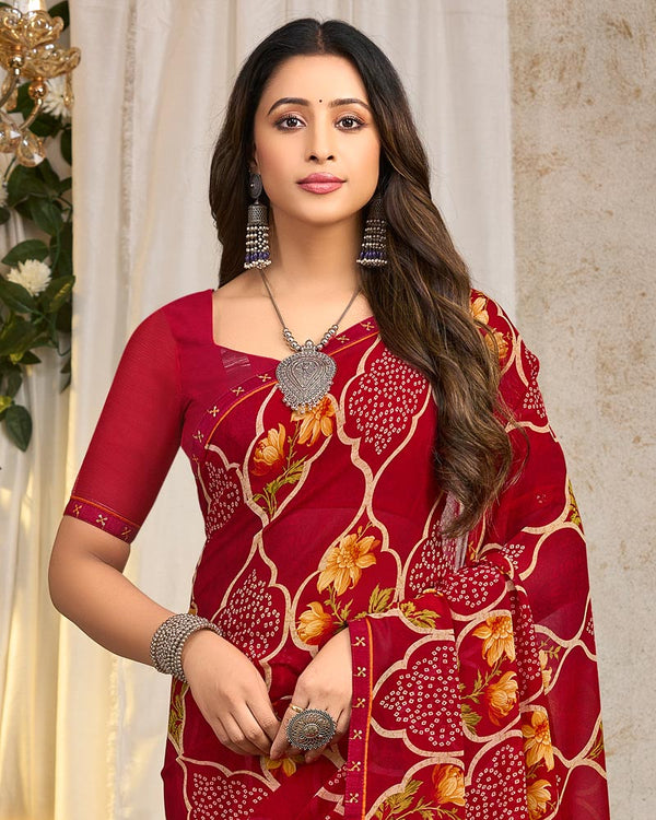 Vishal Prints Paprika Red Printed Georgette Saree With Fancy Border