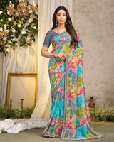 Vishal Prints Pale Slate Grey Printed Georgette Saree With Fancy Border