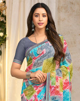 Vishal Prints Pale Slate Grey Printed Georgette Saree With Fancy Border