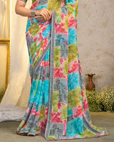 Vishal Prints Pale Slate Grey Printed Georgette Saree With Fancy Border
