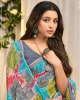 Vishal Prints Pale Slate Grey Printed Georgette Saree With Fancy Border
