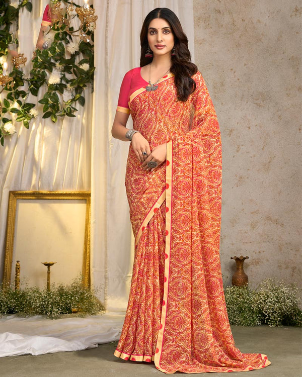 Vishal Prints Peachy Orange Printed Georgette Saree With Fancy Border
