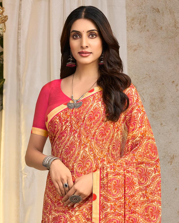 Vishal Prints Peachy Orange Printed Georgette Saree With Fancy Border