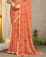 Vishal Prints Peachy Orange Printed Georgette Saree With Fancy Border
