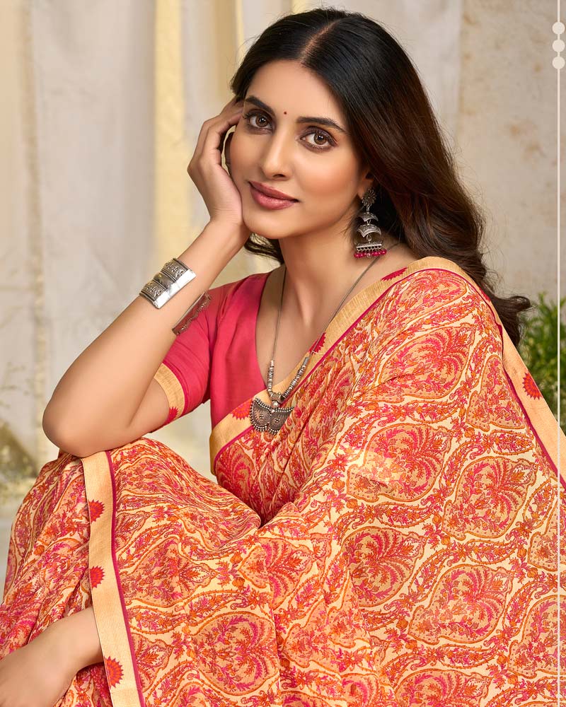 Vishal Prints Peachy Orange Printed Georgette Saree With Fancy Border