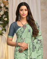 Vishal Prints Pale Mint Green Printed Georgette Saree With Fancy Border