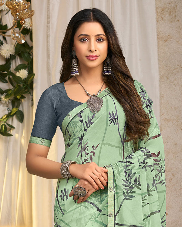 Vishal Prints Pale Mint Green Printed Georgette Saree With Fancy Border