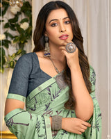 Vishal Prints Pale Mint Green Printed Georgette Saree With Fancy Border