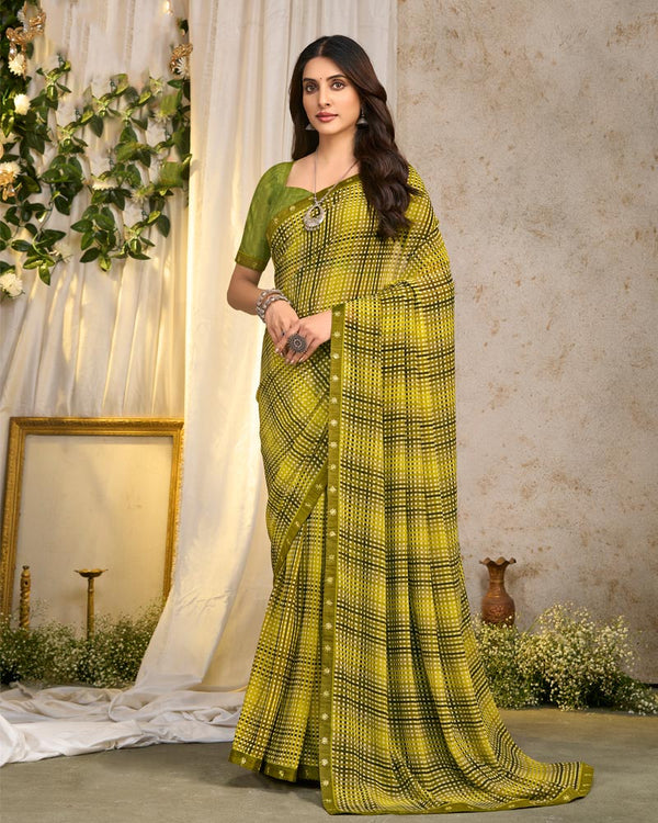 Vishal Prints Olive Yellow Printed Georgette Saree With Fancy Border