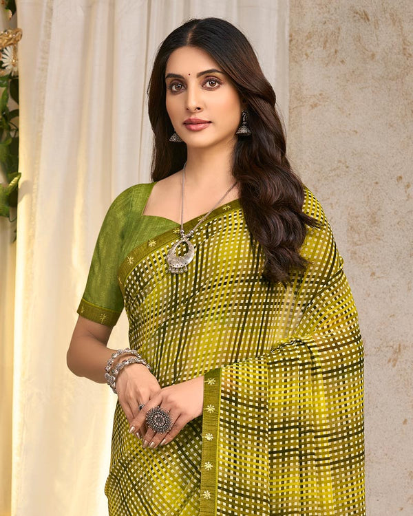 Vishal Prints Olive Yellow Printed Georgette Saree With Fancy Border