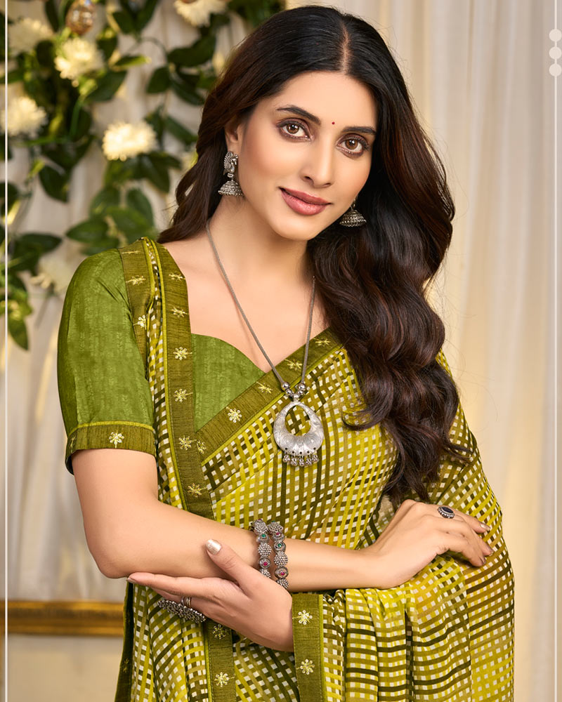 Vishal Prints Olive Yellow Printed Georgette Saree With Fancy Border